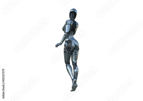 Image robot created in female figure with different viewing angles  isolated on a white background. Template for Photoshop as a smart object suitable for other picture composing. 3d rendering.