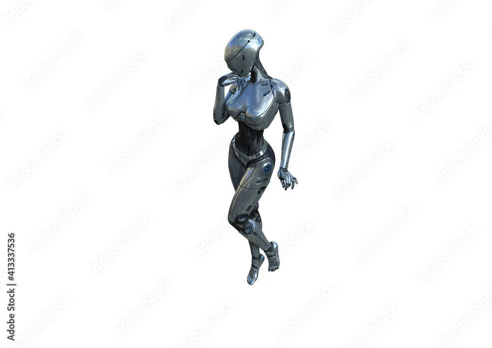 Image robot created in female figure with different viewing angles, isolated on a white background. Template for Photoshop as a smart object suitable for other picture composing. 3d rendering.