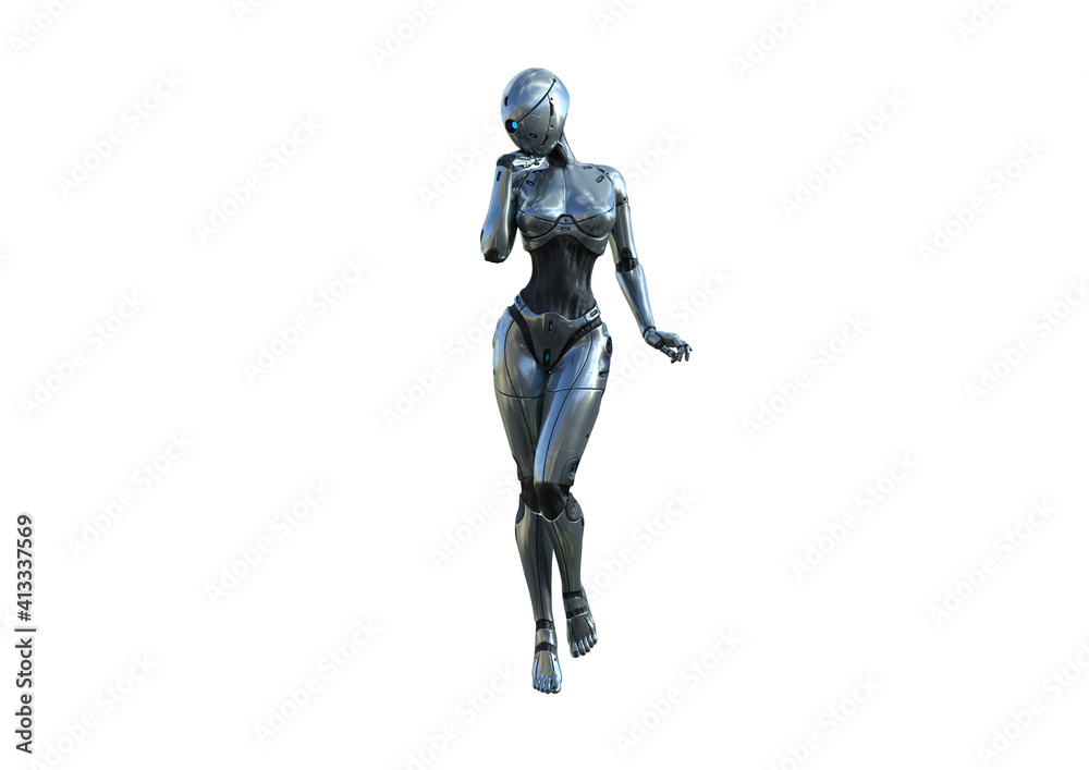 Image robot created in female figure with different viewing angles, isolated on a white background. Template for Photoshop as a smart object suitable for other picture composing. 3d rendering.