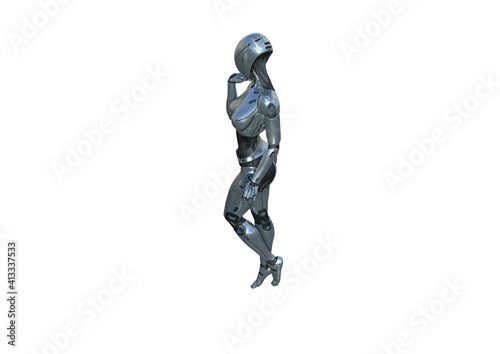 Image robot created in female figure with different viewing angles, isolated on a white background. Template for Photoshop as a smart object suitable for other picture composing. 3d rendering.