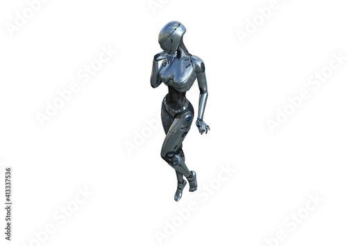 Image robot created in female figure with different viewing angles, isolated on a white background. Template for Photoshop as a smart object suitable for other picture composing. 3d rendering.