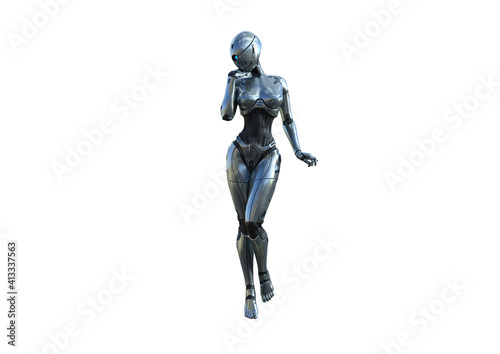 Image robot created in female figure with different viewing angles, isolated on a white background. Template for Photoshop as a smart object suitable for other picture composing. 3d rendering.