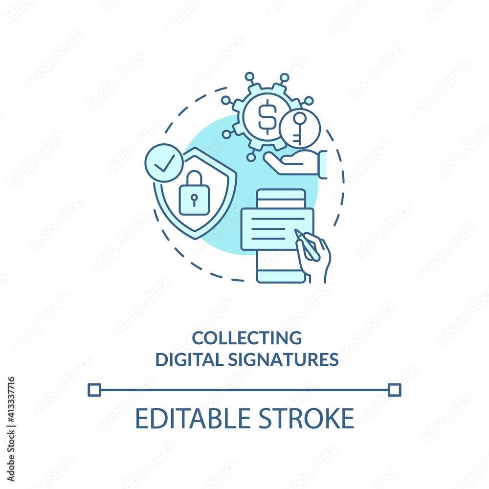 Collecting digital signatures concept icon. Contract management software functions. Signing digital documents idea thin line illustration. Vector isolated outline RGB color drawing. Editable stroke Collecting digital signatures concept icon. Contract management software functions. Signing digital documents idea thin line illustration. Vector isolated outline RGB color drawing. Editable stroke