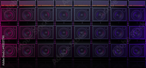 Wall of guitar amps in dark space. Guitar amplifiers placed on each other. Guitar amp background. 3D illustration photo