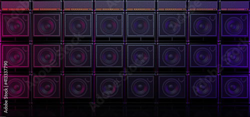 Wall of guitar amps in dark space. Guitar amplifiers placed on each other. Guitar amp background. 3D illustration