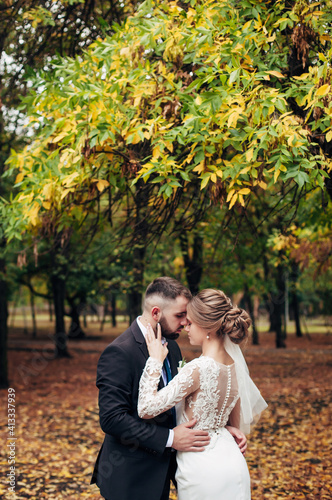 newlyweds walk in the autumn park