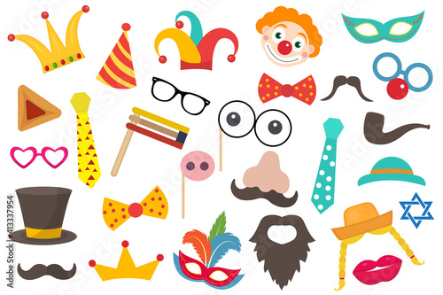 Happy Purim carnival set funny costume elements, icons for the party. Purim Jewish holiday props for masquerade, photo shoot .Vector clip art