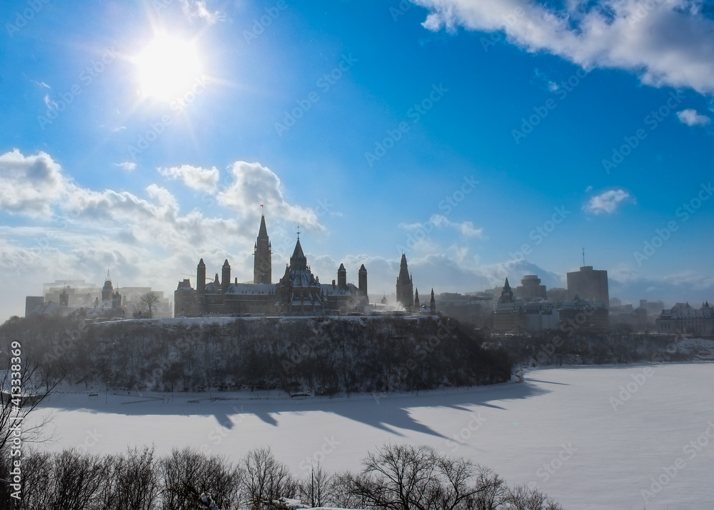 Parliament of Canada in winter. Cityscape of Ottawa, the capital of Canada. Canadian travel destination in snow landscape