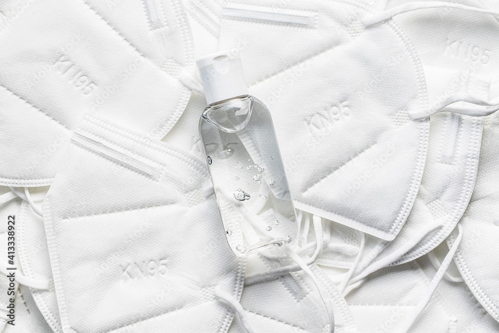 Hand sanitizer gel. KN95 face mask. FFP2 mask as covid-19 protection.