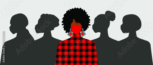 Coronavirus quarantine. 2019-nCoV, a woman wearing a red medical mask and a fashion plaid sweater. Shadows of masked people. Red and black. Modern vector graphics.