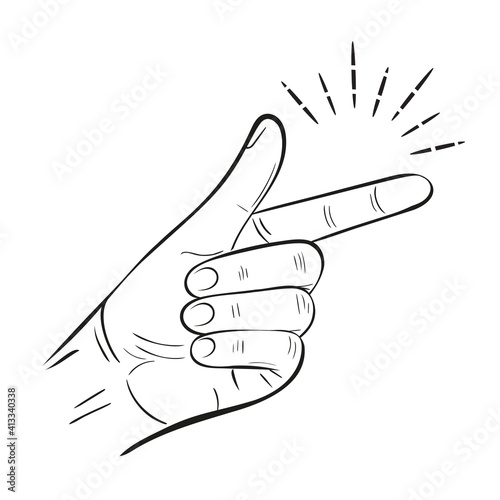 Hand snap fingers flick outline icon. Snapping gesture. Clicking sound signal. Magic click. Attention grabbing or its easy gesturing. OK or success expression symbol. Linear isolated vector drawing