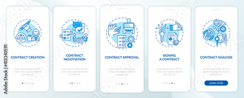 Contract lifecycle steps onboarding mobile app page screen with concepts. Contract preparing walkthrough 5 steps graphic instructions. UI vector template with RGB color illustrations