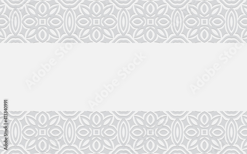 Ethnic convex volumetric wallpaper from an original 3D pattern in an oriental style. White embossed openwork background of geometric shapes. Horizontal inserts with an ornament.