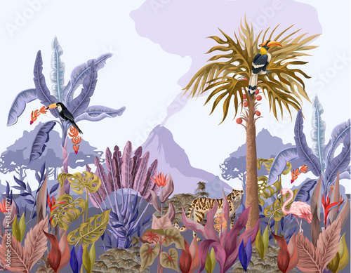 Pattern with jungle animals, flowers and trees. Vector.