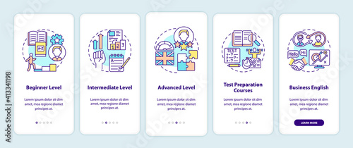 Language learning levels onboarding mobile app page screen with concepts. Beginner, intermediate, advanced walkthrough 5 steps graphic instructions. UI vector template with RGB color illustrations