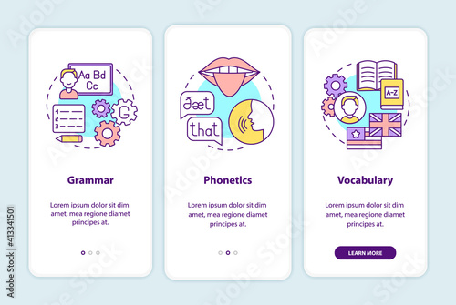 Language learning categories onboarding mobile app page screen with concepts. Grammar, phonetics, vocabulary walkthrough 3 steps graphic instructions. UI vector template with RGB color illustrations