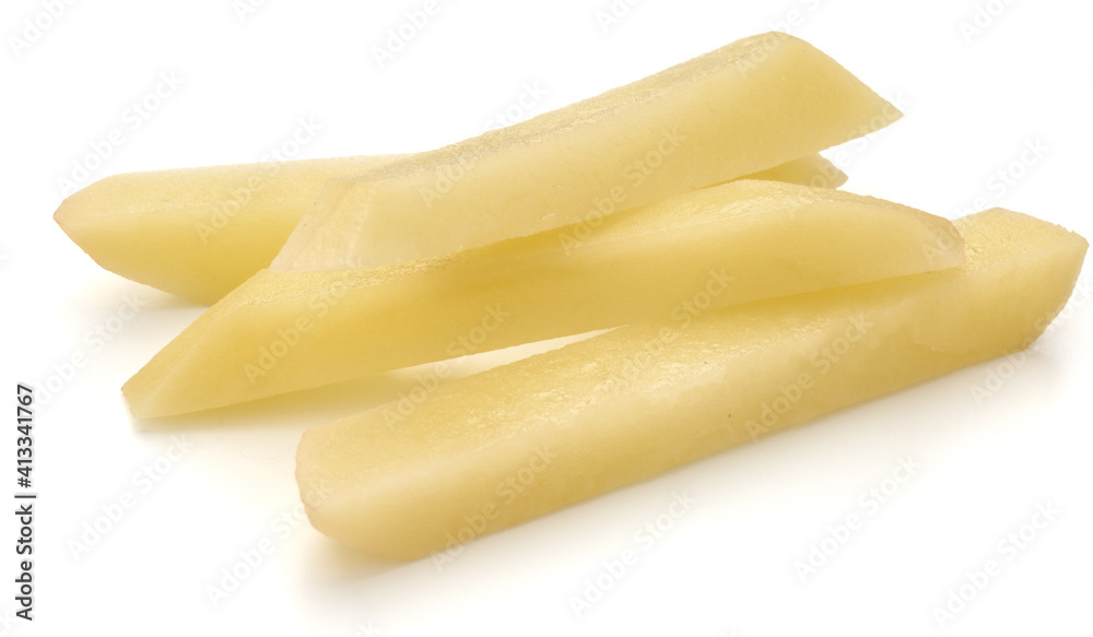 Raw Potato sliced strips prepared for French fries isolated on white background Raw Potato sliced strips prepared for French fries isolated on white background