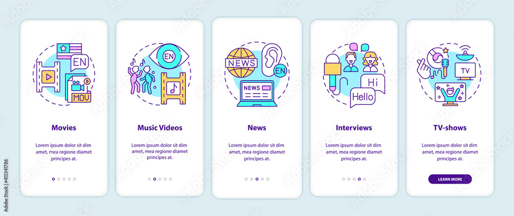 Video for language learning onboarding mobile app page screen with concepts. Movies, music, news, tv-shows walkthrough 5 steps graphic instructions. UI vector template with RGB color illustrations
