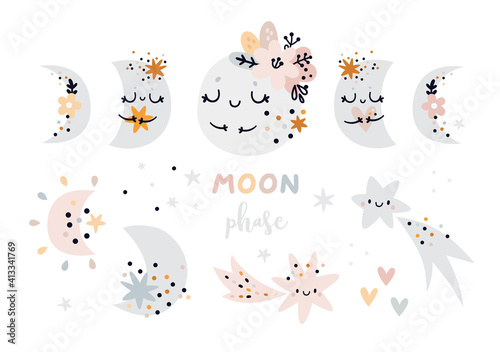 Moon phases baby clipart. Creative illustration for kids with moon and stars. Cartoon clip art in boho style. Moon Child clip art, Bohemian moon. Ideal for kids room decoration, clothing, prints