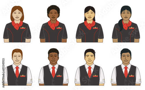 diversity, race, ethnicity of airline flight attendant  vector icons male and female, wearing wearing uniform, isolated on a white background