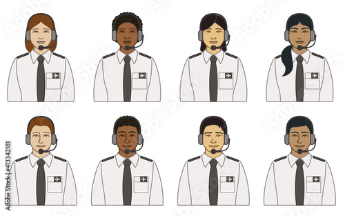 diversity, race, ethnicity of airport traffic controller and dispatcher vector icons male and female, wearing headset, isolated on a white background