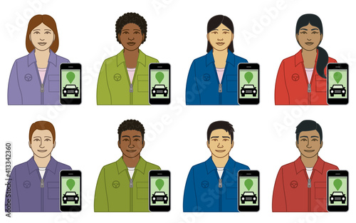 diversity, race, ethnicity of ridesharing driver vector icons male and female, with mobile app on smartphone, isolated on a white background