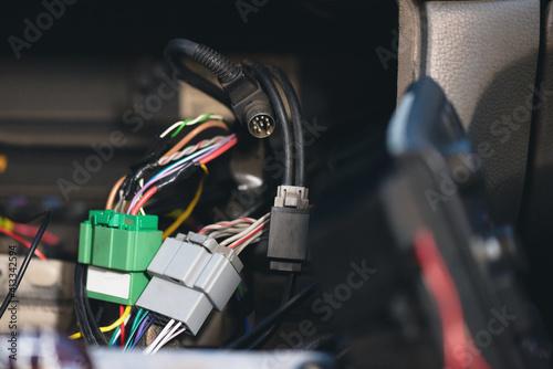 Car audio wiring close up abstract background.