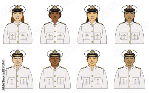 diversity, race, ethnicity of ship captain vector icons male and female, wearing white uniform, cap and epaulets, isolated on a white background