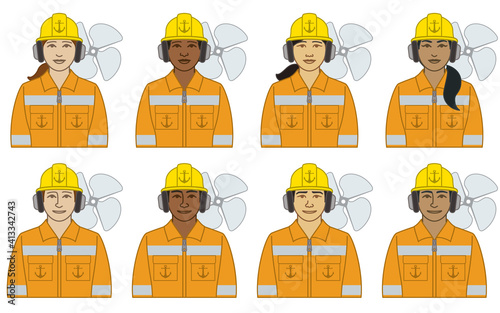 diversity, race, ethnicity of marine crew vector icons male and female, wearing hard hat, orange coveralls and headset with propeller icon, isolated on a white background