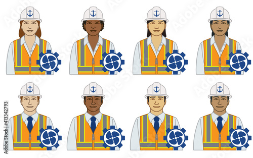 diversity, race, ethnicity of marine engineer vector icons male and female, wearing hardhat and safety vest with propeller icon, isolated on a white background