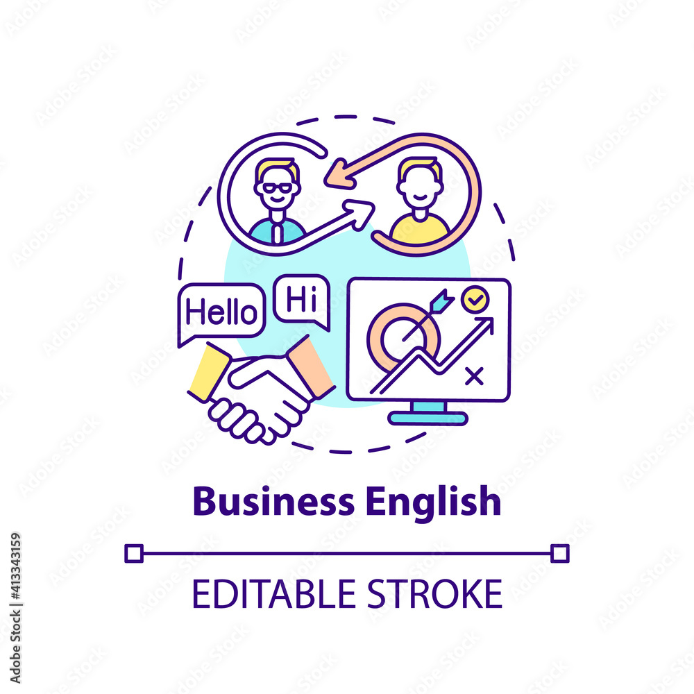 Business English concept icon. Improving language level idea thin line illustration. English used in business contexts. Office settings. Vector isolated outline RGB color drawing. Editable stroke Business English concept icon. Improving language level idea thin line illustration. English used in business contexts. Office settings. Vector isolated outline RGB color drawing. Editable stroke