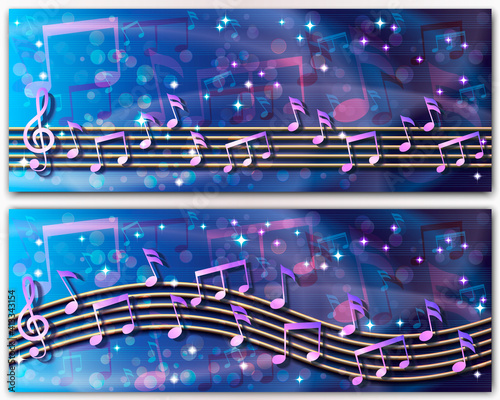 Two abstract musical banners with random notes on the musical staff.