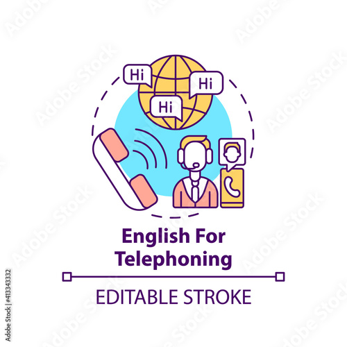English for telephoning concept icon. Business purpose idea thin line illustration. Conference calls. Meeting through telephone arrangement. Vector isolated outline RGB color drawing. Editable stroke
