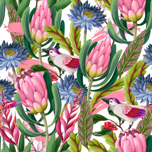 Seamless pattern with protea, tropical flowers and birds . Trendy floral vector print.