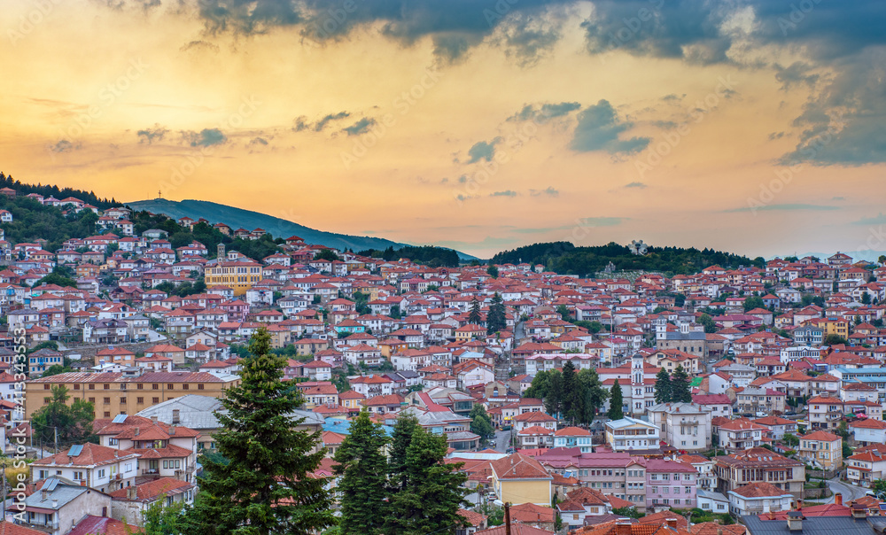 View of downtown of historical Krusevo at wonderful sunset in North Macedonia