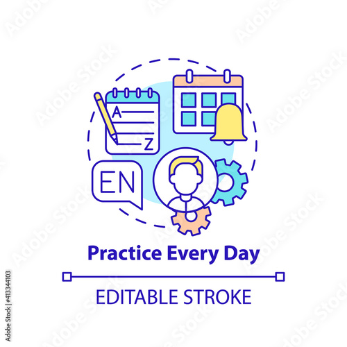 Practicing every day concept icon. Everyday routine idea thin line illustration. Daily practice. Practicing newly acquired linguistic skills. Vector isolated outline RGB color drawing. Editable stroke