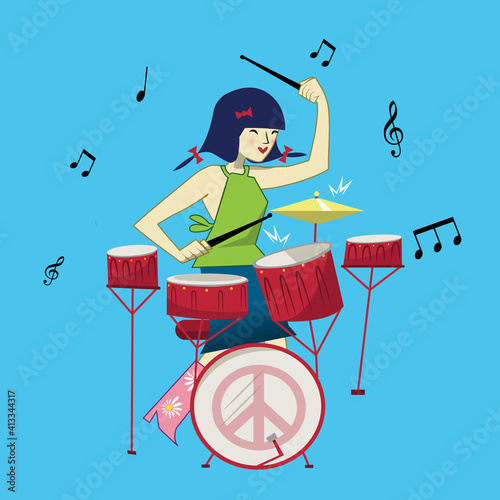 Cute girl playing the drums flat vector character illustration having fun drummer girl playing music. (ID: 413344317)