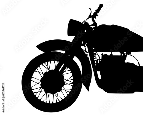 Wheels and motor of a vintage motorcycle . Isolated silhouette on white background