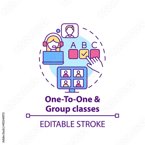 One-to-one and group classes concept icon. Online language courses benefit idea thin line illustration. Interacting with classmates. Vector isolated outline RGB color drawing. Editable stroke