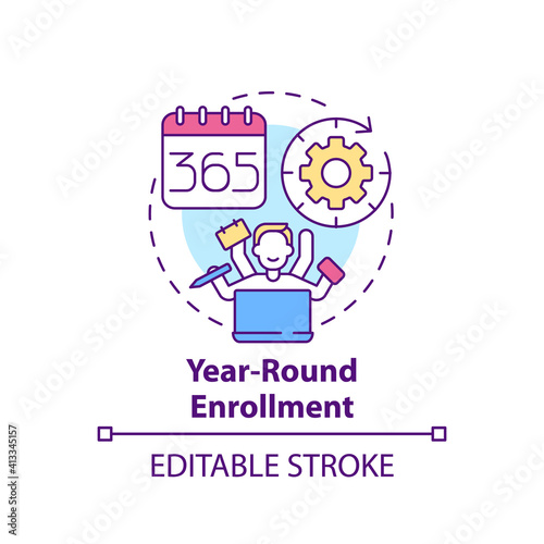 Year-round enrollment concept icon. Online language courses benefit idea thin line illustration. Reducing class sizes and overcrowding. Vector isolated outline RGB color drawing. Editable stroke