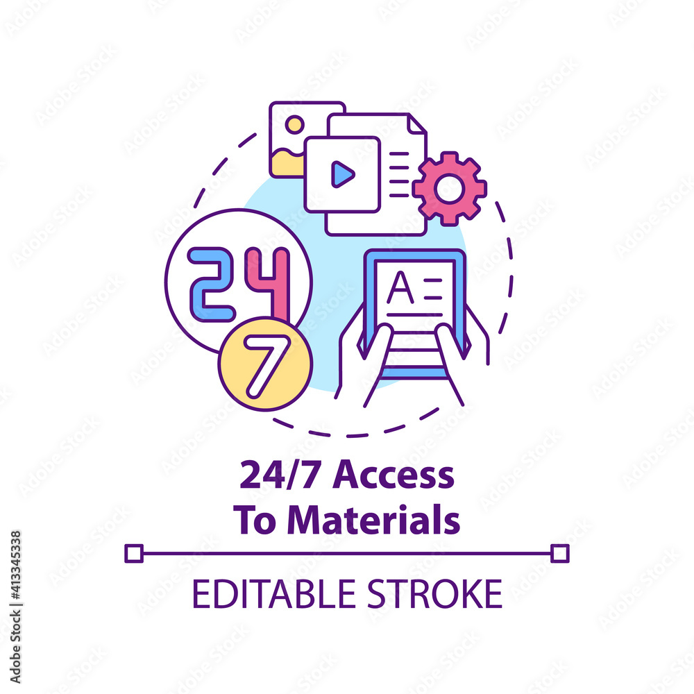 24 to 7 access to materials concept icon. Online language courses idea thin line illustration. Digital learning. Access ebooks, databases. Vector isolated outline RGB color drawing. Editable stroke