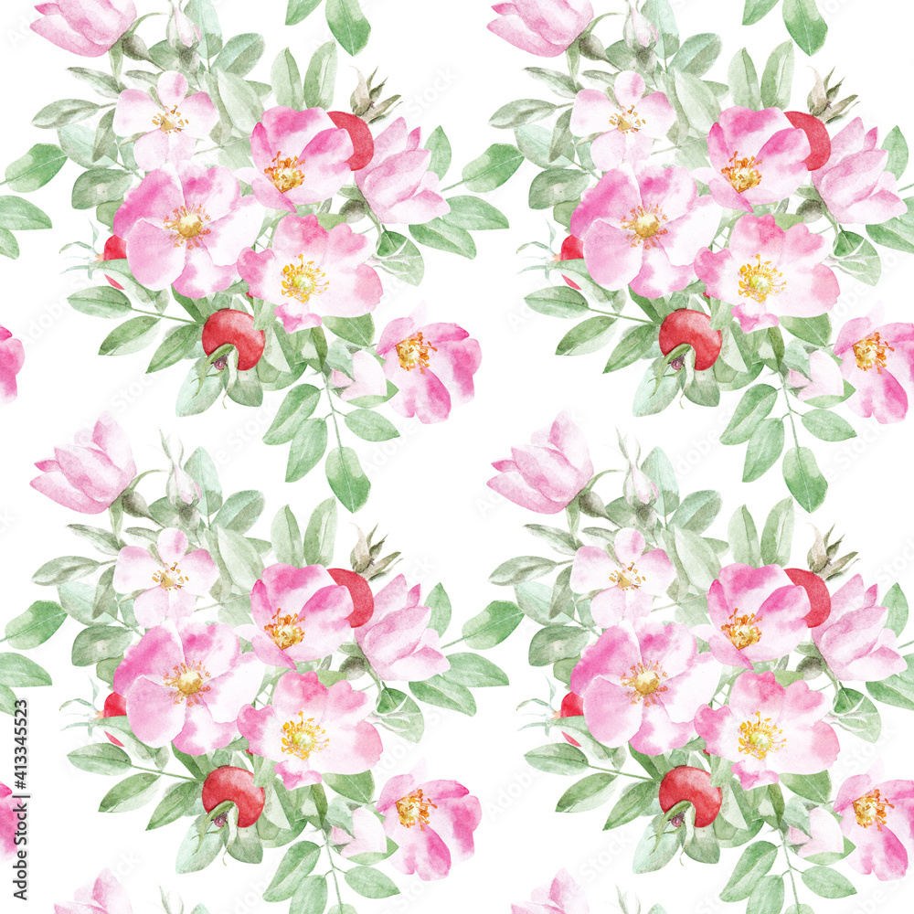 rosehip pattern. Hand drawn seamless watercolor pattern of rosehip flowers, leaves and berries.