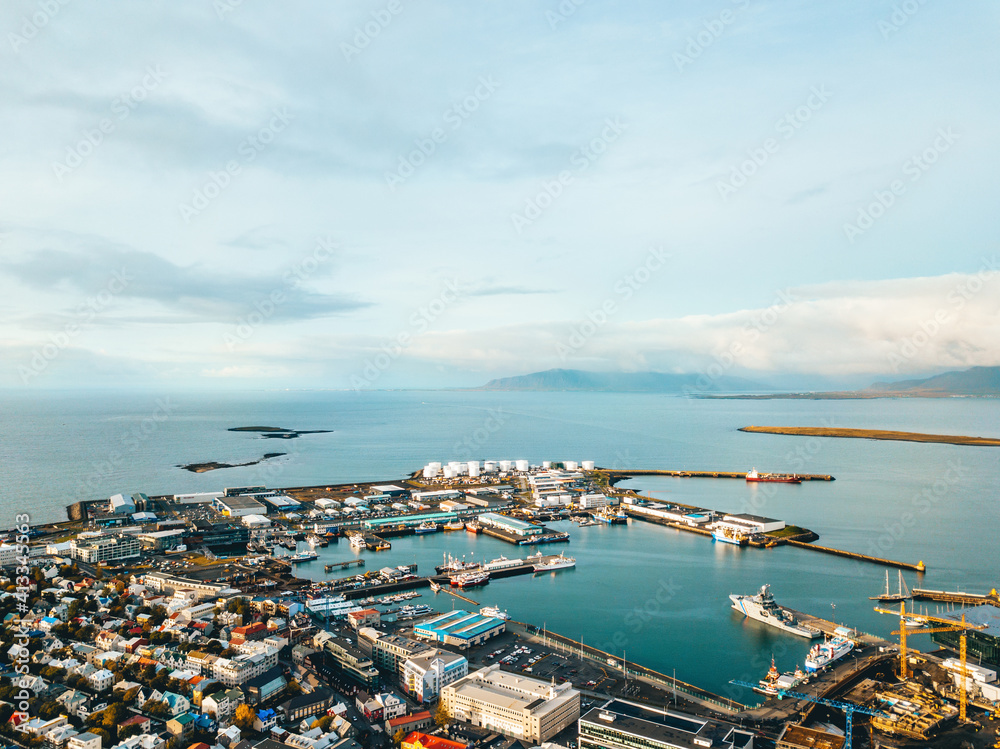 Iceland Is Reykjavik. View of the city at sunset from a drone.