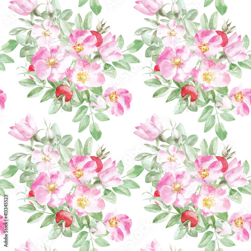 rosehip pattern. Hand drawn seamless watercolor pattern of rosehip flowers, leaves and berries.