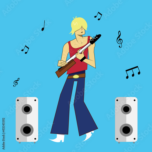 cartoon guitarist guy music performance with instrument flat illustration.  (ID: 413345592)