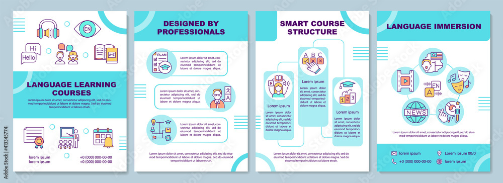 Language learning courses brochure template. Professionals teaching. Flyer, booklet, leaflet print, cover design with linear icons. Vector layouts for magazines, annual reports, advertising posters