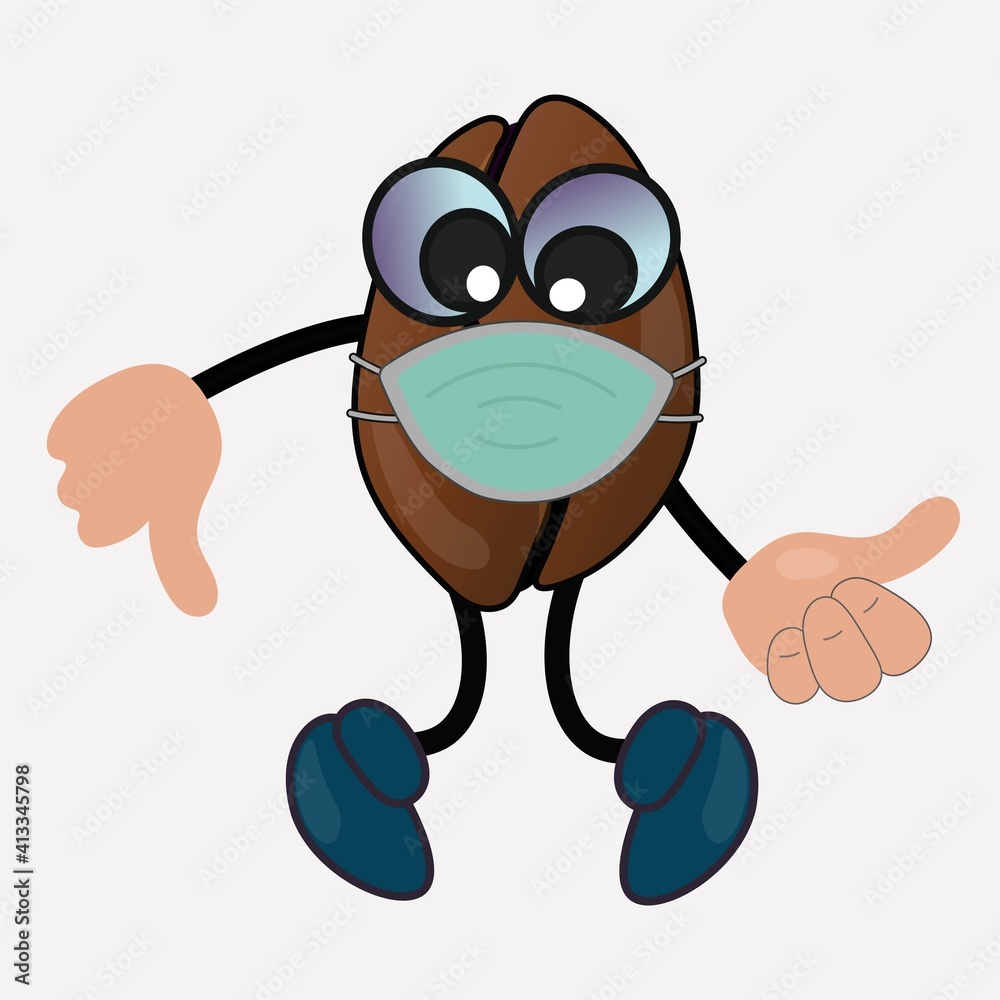 Fototapeta premium Masked cartoom coffee bean. It expresses its displeasure with its thumb down. Safety and precautions concept. Protect your health. Observe the mask regime. Vector.