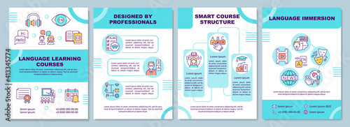 Language learning courses brochure template. Professionals teaching. Flyer, booklet, leaflet print, cover design with linear icons. Vector layouts for magazines, annual reports, advertising posters