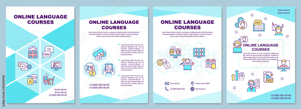 Online language courses brochure template. Special information. Flyer, booklet, leaflet print, cover design with linear icons. Vector layouts for magazines, annual reports, advertising posters