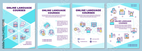 Online language courses brochure template. Special information. Flyer, booklet, leaflet print, cover design with linear icons. Vector layouts for magazines, annual reports, advertising posters